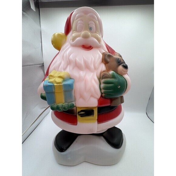 Vintage Christmas Santa Claus Blow Mold Present Teddy Bear Light Up Electric 18” - Picture 1 of 13